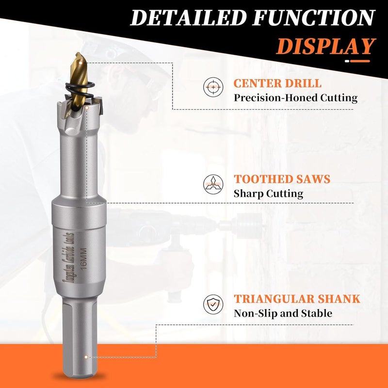 METALLIXITY Hole Saw 16mm (5/8"), Heavy Duty Tungsten Carbide with Center Drill Bit Hex Key Spring - Hole Cutters for Thick Stainless Steel Steel Metal Plates. Silver - Image 3
